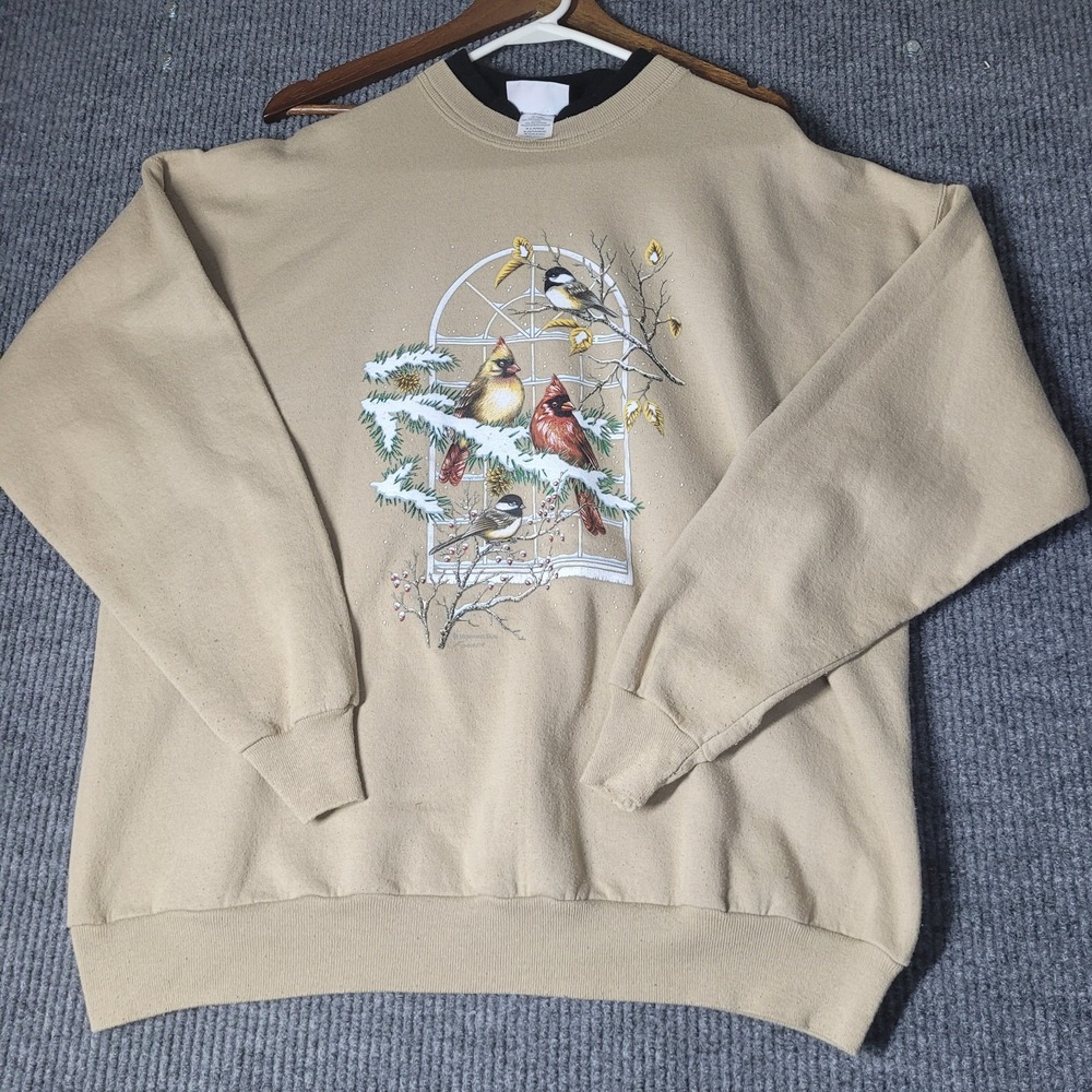 Morning Sun Vtg XL Graphic Sweatshirt Double Collar Birds Cardinal Grannycore‎
